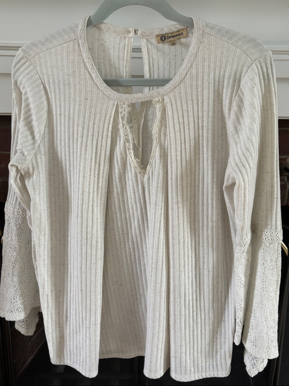 Democracy Cream Ribbed Knit Top with Lace Bell Sleeves